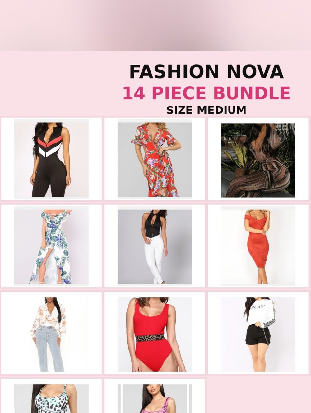 Fashion Nova 14-Piece Bundle — Red, Black, White, Floral, Brown